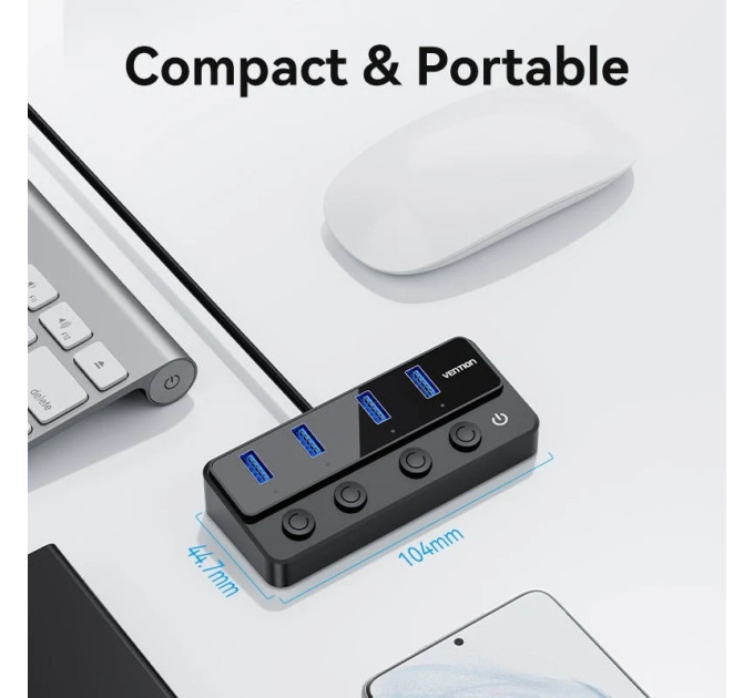 Vention Хаб USB 3.0 -> 4xUSB 3.0, з вимикачами, 1.0м, з живленням USB-С,чорний Vention