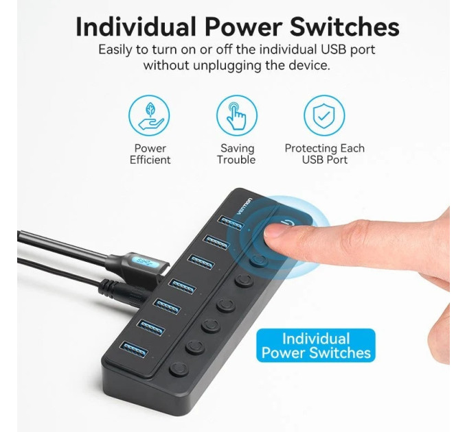 Vention Хаб USB 3.0 -> 7xUSB 3.0, з вимикачами, 1.0м, 5Gbps, активний, з адаптером 12В,чорний Vention