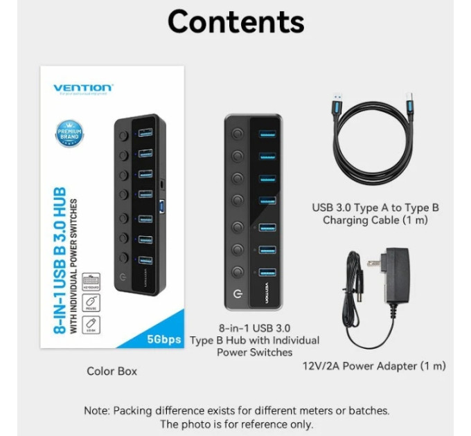 Vention Хаб USB 3.0 -> 7xUSB 3.0, з вимикачами, 1.0м, 5Gbps, активний, з адаптером 12В,чорний Vention