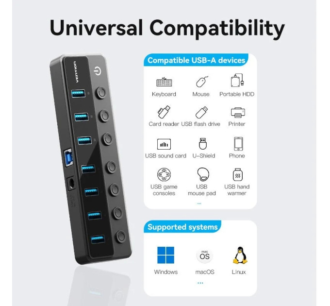 Vention Хаб USB 3.0 -> 7xUSB 3.0, з вимикачами, 1.0м, 5Gbps, активний, з адаптером 12В,чорний Vention