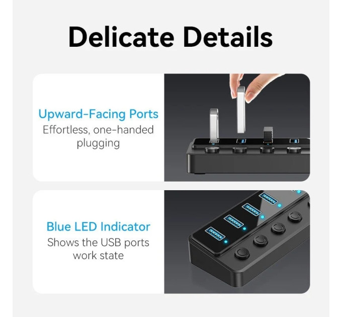 Vention Хаб USB 3.0 -> 7xUSB 3.0, з вимикачами, 1.0м, 5Gbps, активний, з адаптером 12В,чорний Vention