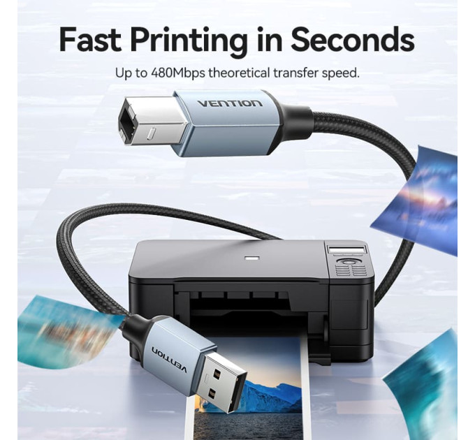 Vention Кабель USB 2.0 AM-BM, 5.0 м, 480Mbps Printer, обплетення сірий Vention