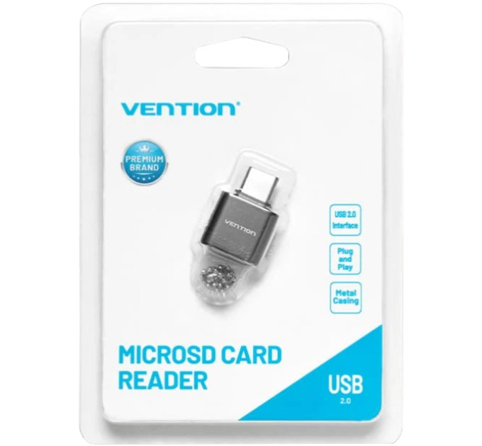 Vention Card Reader USB 2.0 Type-C, 1-слот microSD, OTG 512 Гб, Aluminum Alloy, сірий Vention