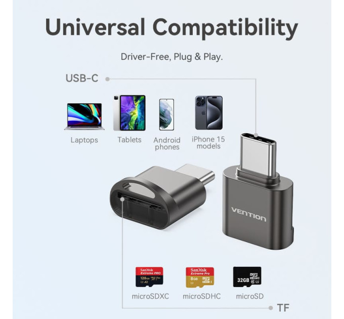 Vention Card Reader USB 2.0 Type-C, 1-слот microSD, OTG 512 Гб, Aluminum Alloy, сірий Vention