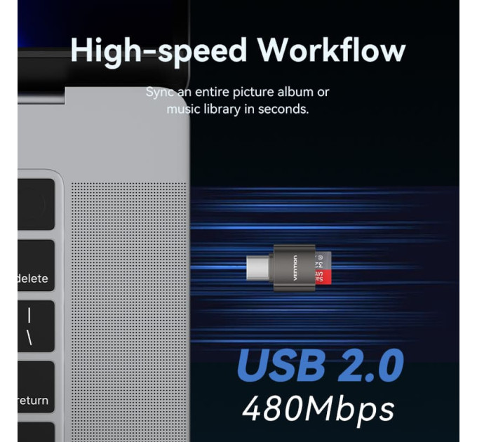 Vention Card Reader USB 2.0 Type-C, 1-слот microSD, OTG 512 Гб, Aluminum Alloy, сірий Vention