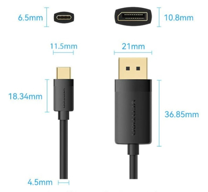 Vention Кабель USB 3.1 Type-C M - DisplayPort M, 1.0м, v.1.2, 4K60Hz, Aluminum Alloy чорний Vention