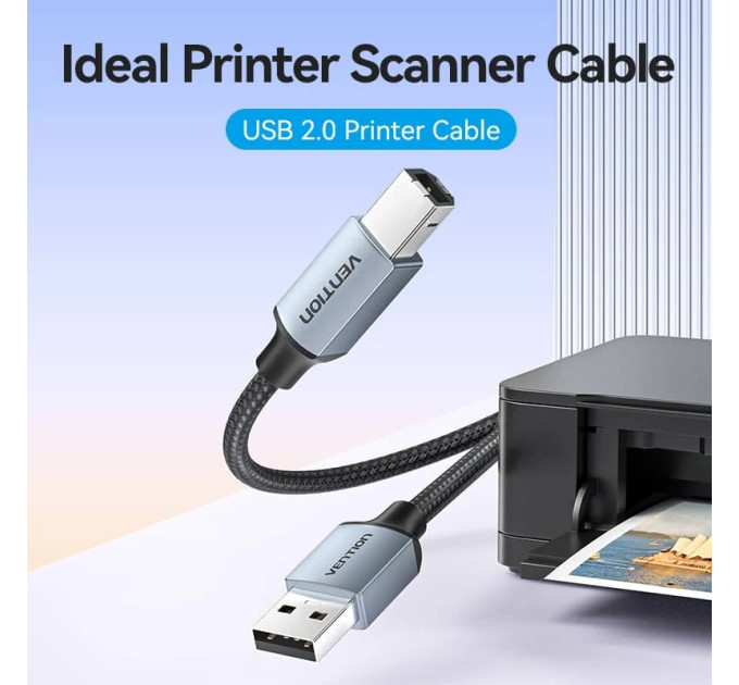 Vention Кабель USB 2.0 AM-BM, 2.0м, 480Mbps Printer, обплетення, Aluminum Alloy, сірий Vention