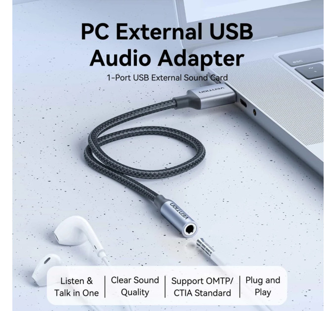 Vention Звукова карта USB AUX jack, TRRS, 0.25м, OMTP та CTIA, обплетення,  Vention