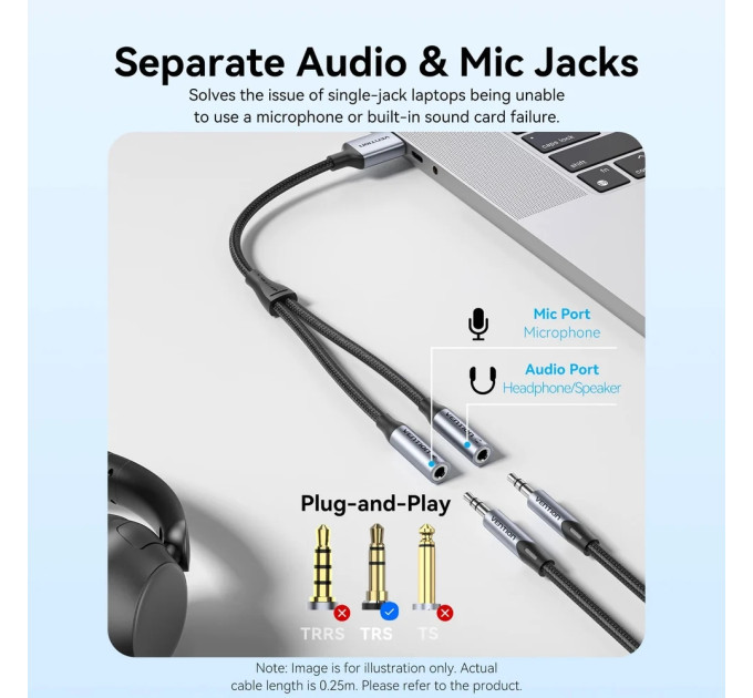 Vention Звукова карта USB AUX jack, 2*TRS (Mic + Ear)  0.25м, обплетення, Aluminum Alloy Vention