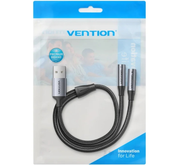 Vention Звукова карта USB AUX jack, 2*TRS (Mic + Ear)  0.25м, обплетення, Aluminum Alloy Vention