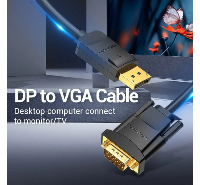 Vention Кабель DisplayPort M - VGA M, 2.0м, 1080P 60Гц, Gold-Plated, чорний Vention