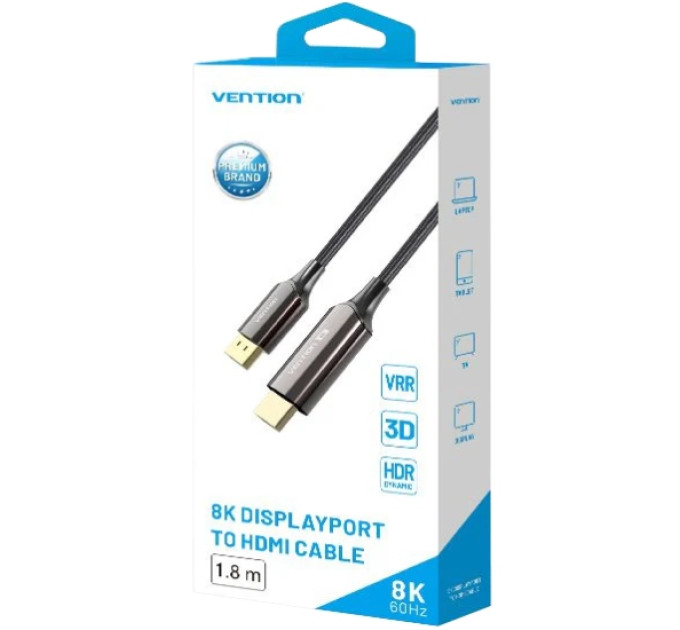 Vention Кабель DisplayPort M - HDMI M V1.4, 1.8м, 8K 60hz,Dynamic HDR, нейлонове обплетення, чорний, Vention