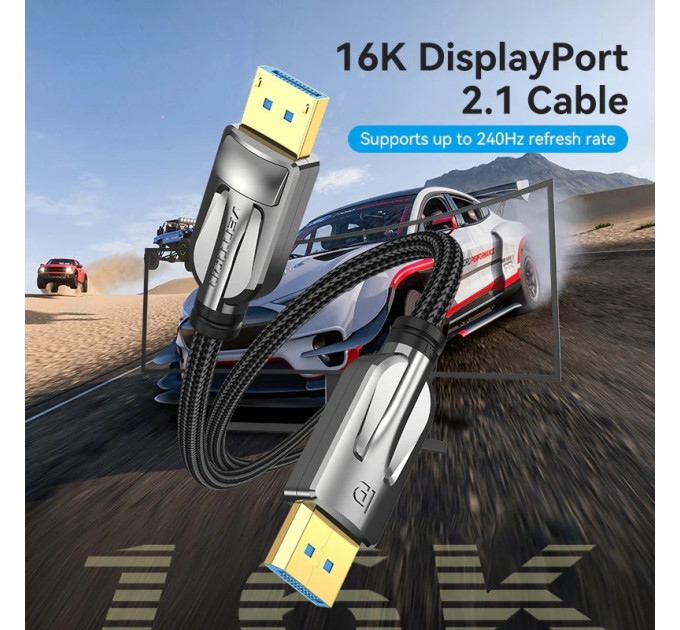 Vention Кабель DisplayPort M - M 1.5м,V2.1, 16K 30 Гц,  обплетення, чорний Vention