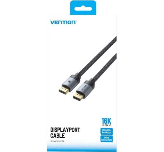Vention Кабель DisplayPort M - M 1.0м, V2.1, 16K 60 Гц, зворотня сумісність, обплетення, чорний Vention