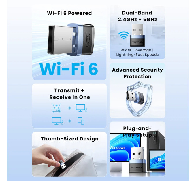 Vention Адаптер WiFi 6 Vention 2.4GHz/5GHz 286/600 Мбіт/с, USB