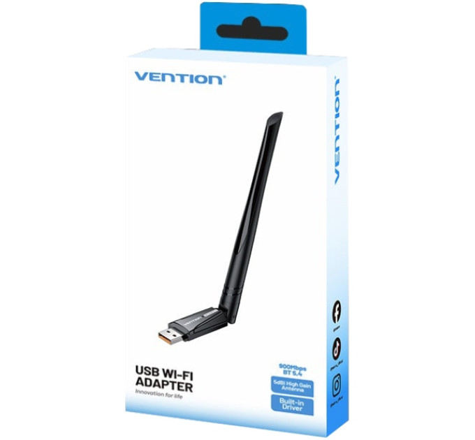 Vention Адаптер WiFi/Bluetooth 5.4 Vention 2.4GHz/5GHz 286/601 Мбіт/с, USB