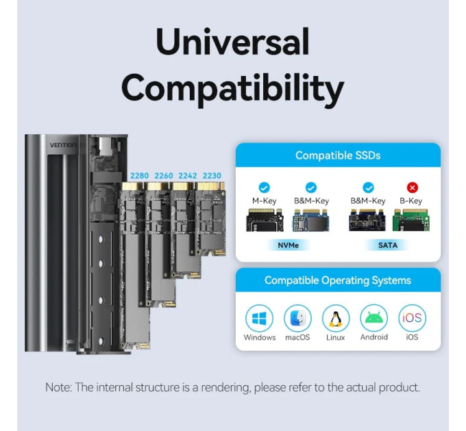 Vention Зовнішня кишеня для SSD M.2 (NVME) M Key/B+M Key, Type-C 3.2 GEN 2-C,10Gbps,  Aluminum сіра Vention