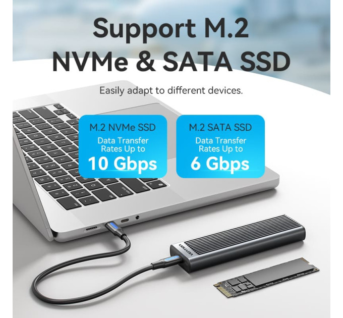 Vention Зовнішня кишеня для SSD M.2 (NVME) M Key/B+M Key, Type-C 3.2 GEN 2-C,10Gbps,  Aluminum сіра Vention