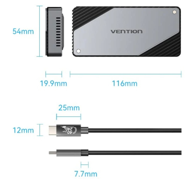 Vention Зовнішня кишеня для SSD M.2 (NVME) B&M Key/M Key USB Type-C 4.0, Aluminum Alloy, сіра Vention