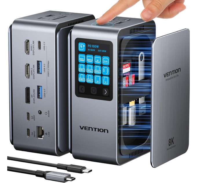 Vention Док-станція USB3.2 Type-C --> HDMIx2, 8K30Hz/DP/USB-C3.2/2xUSB-A3.2/USB-A2.0/SD/TF/RJ45/3.5mm TRRS/P