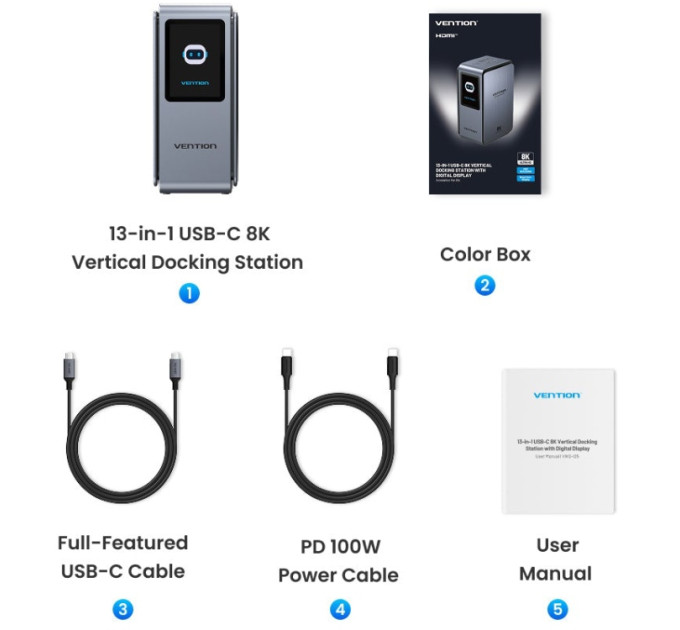 Vention Док-станція USB3.2 Type-C --> HDMIx2, 8K30Hz/DP/USB-C3.2/2xUSB-A3.2/USB-A2.0/SD/TF/RJ45/3.5mm TRRS/P