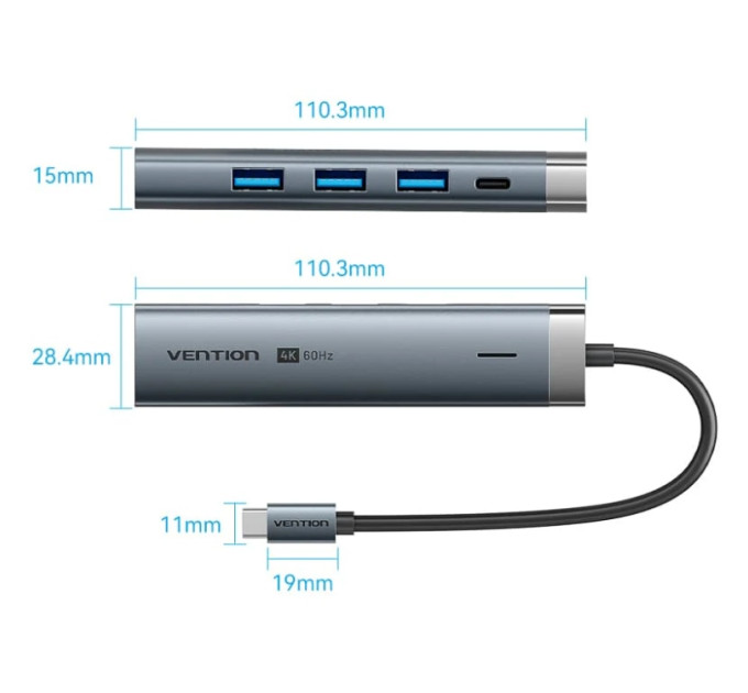 Vention Док-станція USB3.2 Type-C --> HDMI 4K60Hz/3xUSB-A 3.0/ USB-C3.0,  PD 100W 5-in-1 Vention