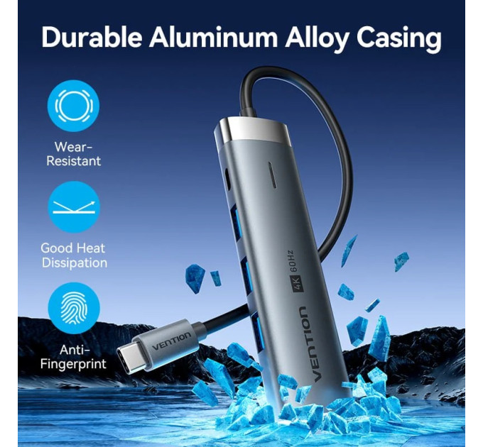 Vention Док-станція USB3.2 Type-C --> HDMI 4K60Hz/3xUSB-A 3.0/ USB-C3.0,  PD 100W 5-in-1 Vention