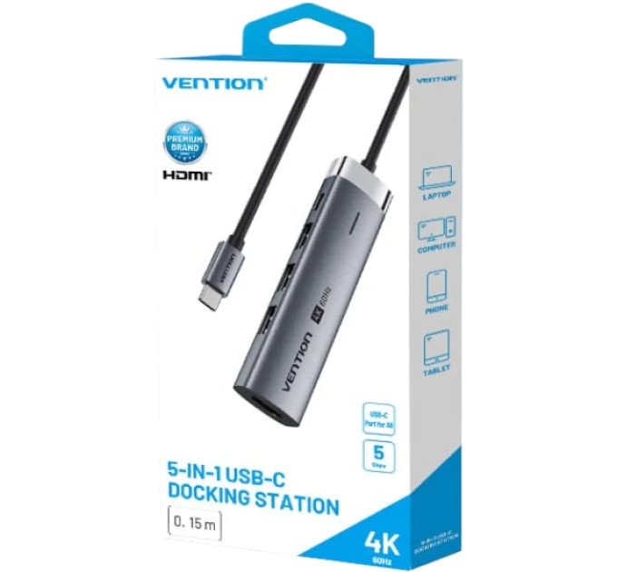 Vention Док-станція USB3.2 Type-C --> HDMI 4K60Hz/3xUSB-A 3.0/ USB-C3.0,  PD 100W 5-in-1 Vention