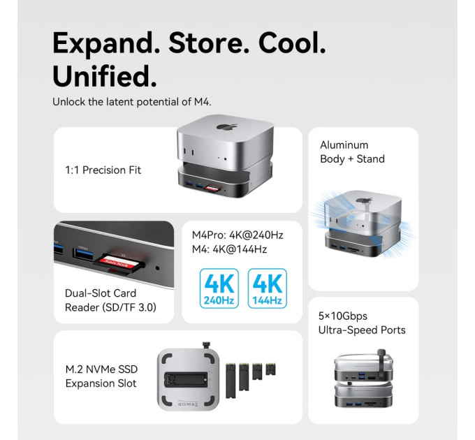 Vention Док-станція USB3.2 Type-C --> Mac mini DP 4K240Hz/M.2 NVMe/4xUSB 3.2/USB-C 3.2/3,5мм/SD/TF/PD