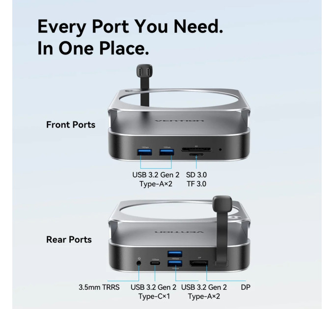 Vention Док-станція USB3.2 Type-C --> Mac mini DP 4K240Hz/M.2 NVMe/4xUSB 3.2/USB-C 3.2/3,5мм/SD/TF/PD