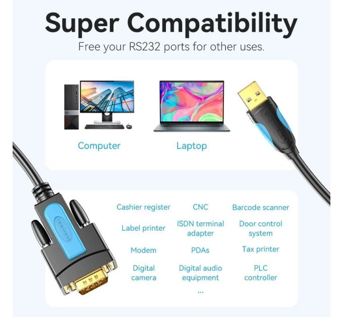 Vention Кабель USB 2.0 AM - RS-232 M, 2.0м, PVC, чорний Vention