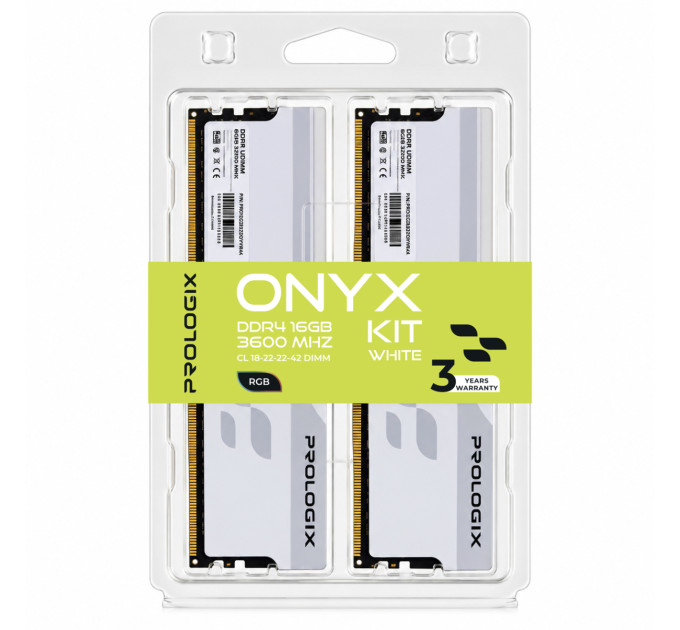 Модуль пам`ятi DDR4 2x8GB/3600 Prologix Onyx White RGB (PRO16GB3600YWR4K)