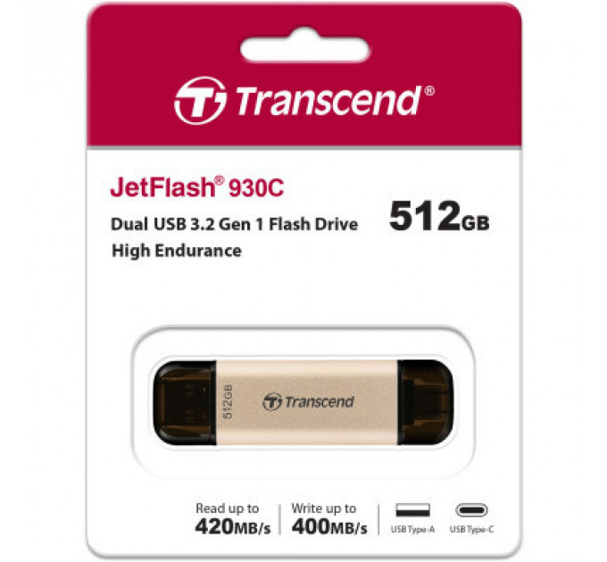 USB флеш накопичувач Transcend 512GB JetFlash 930C Gold-Black USB 3.2/Type-C (TS512GJF930C)