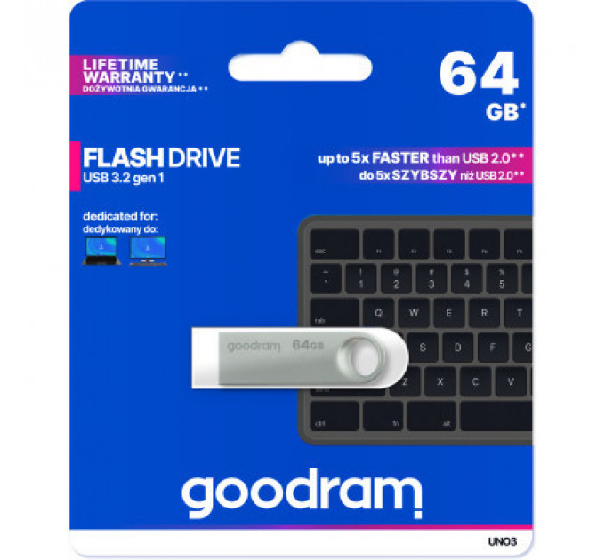 USB флеш накопичувач Goodram 64GB UNO3 Steel USB 3.2 (UNO3-0640S0R11)