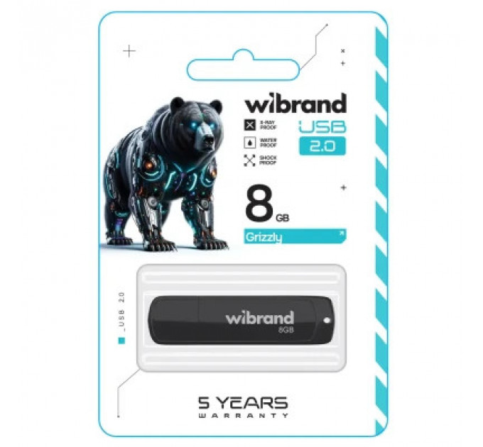 USB флеш накопичувач Wibrand 8GB Grizzly Black USB 2.0 (WI2.0/GR8P3B)