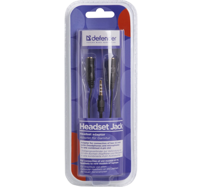 Defender Перехідник Jack 3.5mm M 4pin to 2 Jack 3.5mm F (Audio+MIC) Headset Jack Defender (63012)
