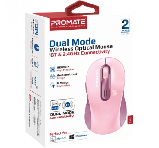 Мишка Promate Ken Wireless/Bluetooth Pink (ken.pink)