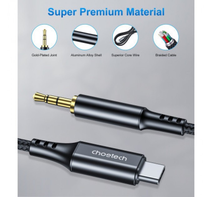 Перехідник USB-C to jack 3.5mm stereo audio (CDLA) 2.0m Choetech (AUX008-BK)