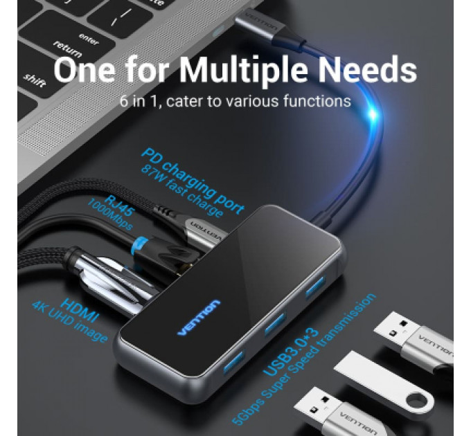 Концентратор Vention USB 3.1 Type-C to HDMI 4K60Hz/USB 3.0х3/RJ45/PD 87W 6-in-1 Mirrored Surface (TFFHB)