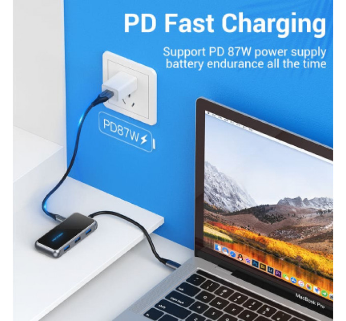 Концентратор Vention USB 3.1 Type-C to HDMI 4K60Hz/USB 3.0х3/RJ45/PD 87W 6-in-1 Mirrored Surface (TFFHB)