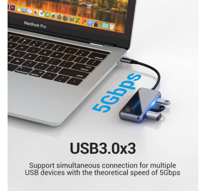 Концентратор Vention USB 3.1 Type-C to HDMI 4K60Hz/USB 3.0х3/RJ45/PD 87W 6-in-1 Mirrored Surface (TFFHB)