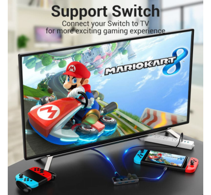 Концентратор Vention USB 3.1 Type-C to HDMI 4K60Hz/USB 3.0х3/RJ45/PD 87W 6-in-1 Mirrored Surface (TFFHB)
