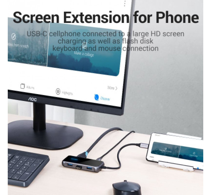 Концентратор Vention USB 3.1 Type-C to HDMI 4K60Hz/USB 3.0х3/RJ45/PD 87W 6-in-1 Mirrored Surface (TFFHB)