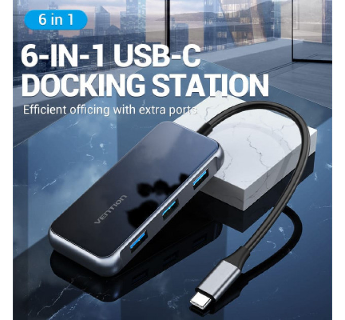 Концентратор Vention USB 3.1 Type-C to HDMI 4K60Hz/USB 3.0х3/RJ45/PD 87W 6-in-1 Mirrored Surface (TFFHB)