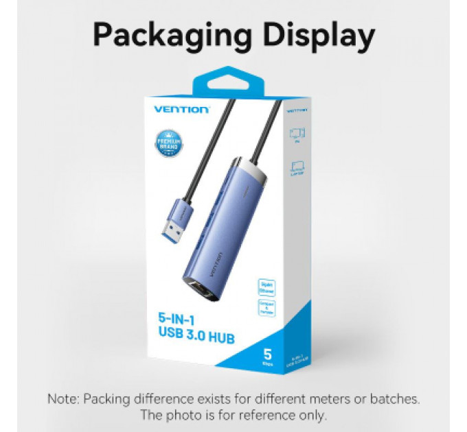 Концентратор Vention USB 3.0 to USB 3.0x3/RJ45/Type-C Hub Blue Aluminum Alloy 5-in-1 (TGFSB)