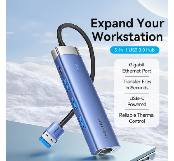 Концентратор Vention USB 3.0 to USB 3.0x3/RJ45/Type-C Hub Blue Aluminum Alloy 5-in-1 (TGFSB)