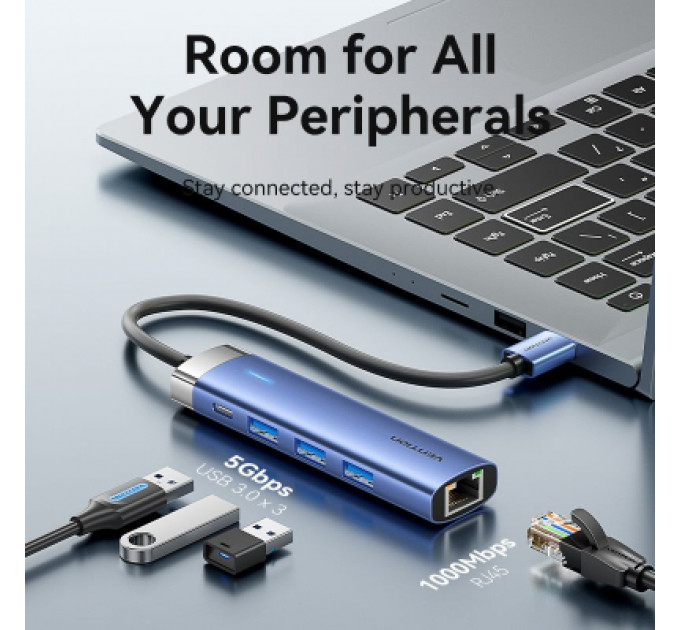 Концентратор Vention USB 3.0 to USB 3.0x3/RJ45/Type-C Hub Blue Aluminum Alloy 5-in-1 (TGFSB)