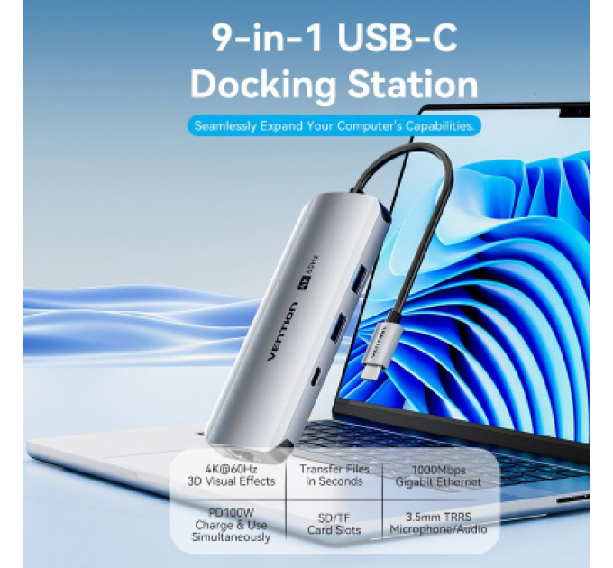 Концентратор Vention USB 3.1 Type-C to HDMI 4K60Hz/USB 3.0x2/RJ45/SD/TF/3.5mm/PD 100W Hub 9-in-1 (TQMHB)