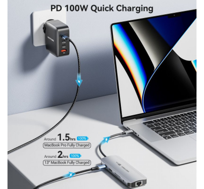 Концентратор Vention USB 3.1 Type-C to HDMI 4K60Hz/USB 3.0x2/RJ45/SD/TF/3.5mm/PD 100W Hub 9-in-1 (TQMHB)