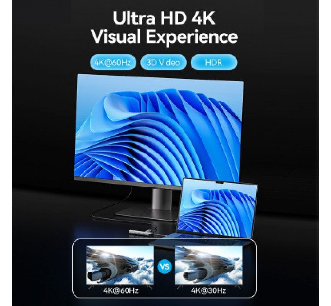 Концентратор Vention USB 3.1 Type-C to HDMI 4K60Hz/USB 3.0x2/RJ45/SD/TF/3.5mm/PD 100W Hub 9-in-1 (TQMHB)